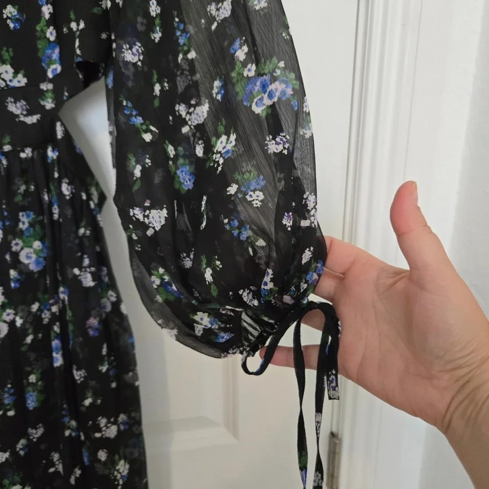 Maje Risof Black Floral Chiffon Cut-Out Maxi Dress Long Sleeve Tie Cuff Size 36 - Picture 6 of 8